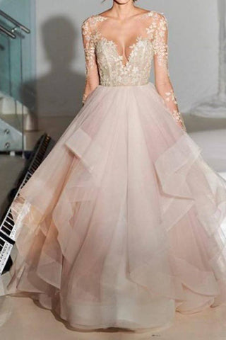 Open Back Lace A line Long Sleeve Wedding Gowns Bridal Dresses