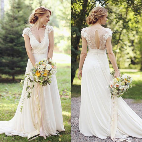 Sheer Back Deep V Neck Short Sleeve Wedding Dresses With Appliques