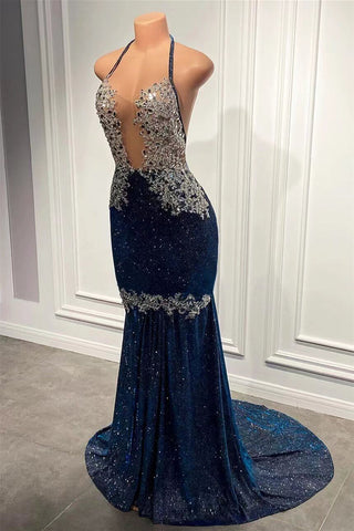 Sweetheart Mermaid Prom Dress in Royal Blue Halter Style with Appliques Beads