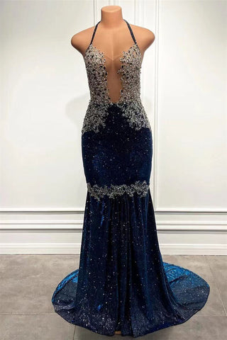 Sweetheart Mermaid Prom Dress in Royal Blue Halter Style with Appliques Beads