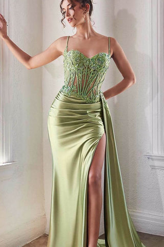 Sweetheart Mermaid Prom Dresses with Spaghetti Straps Sleeveless Split Beads and Ruffles
