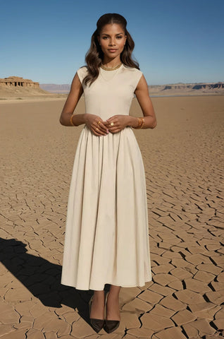 Tan V-Neck Cap Sleeve Resort Maxi Dress