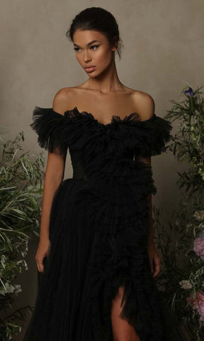 Tulle Ruffled A-Line Slit Gown