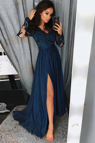 Trendy Long Sleevess Lace Beads Party Dresses Front Split Formal Dresses