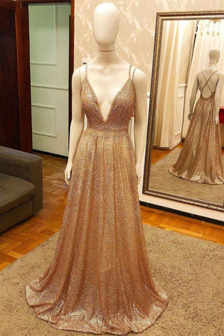 Trendy New Arrival Pluging V-Neck Gold Gorgeous Formal Dresses with Criss-cross Back