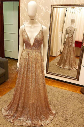Trendy New Arrival Pluging V-Neck Gold Gorgeous Formal Dresses with Criss-cross Back