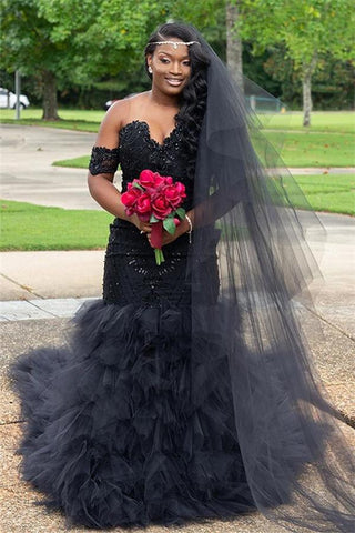 Trendy Off-the-Shoulder Gorgeous Beads Prom Dresses Fit and Flare Tulle Ruffles Evening Gowns
