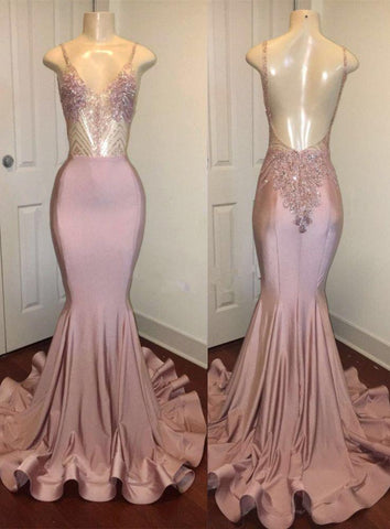 Trendy Pink Beads Spaghetti-Straps Party Dresses Mermaid Formal Dresses