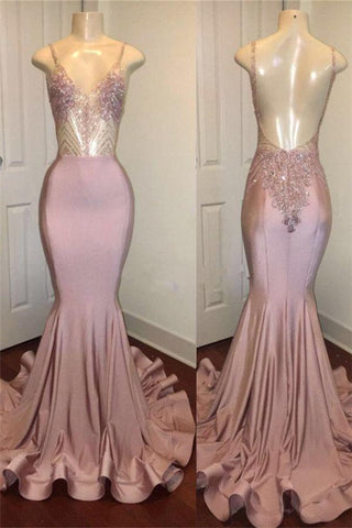 Trendy Pink Beads Spaghetti-Straps Party Dresses Mermaid Formal Dresses
