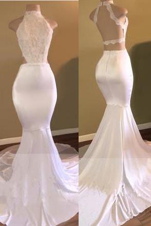 Trendy White Mermaid High-Neck Sleeveless Formal Dresses