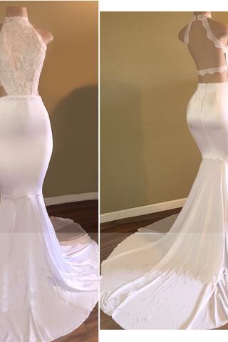 Trendy White Mermaid High-Neck Sleeveless Formal Dresses