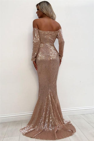 Unique Off-the-Shoulder Charming Sequins  Evening Dresses Chic Long Sleevess Fit and Flare Prom Dresses Online