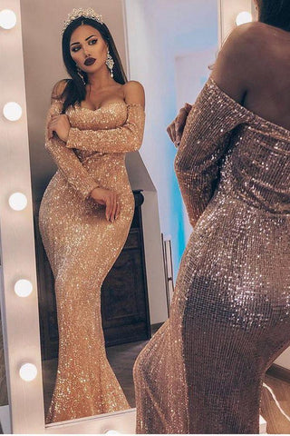 Unique Off-the-Shoulder Charming Sequins  Evening Dresses Chic Long Sleevess Fit and Flare Prom Dresses Online
