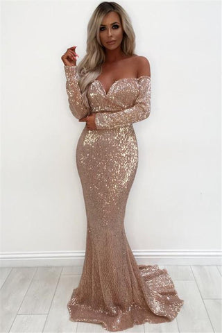 Unique Off-the-Shoulder Charming Sequins  Evening Dresses Chic Long Sleevess Fit and Flare Prom Dresses Online