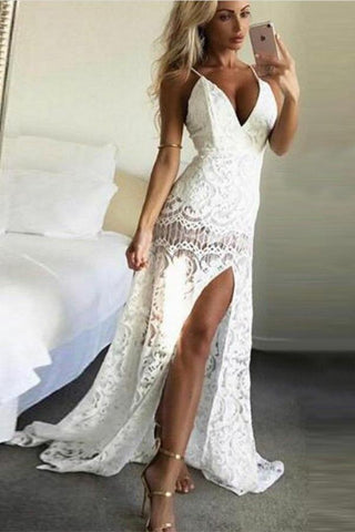 Unique Spaghetti-Strapss Appliques Sleeveless V-Neck Front Slipt Formal Dresses