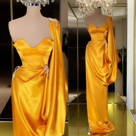 Unique Yellow Gold Long Evening Prom Dress With  Ruffles One Shoulder