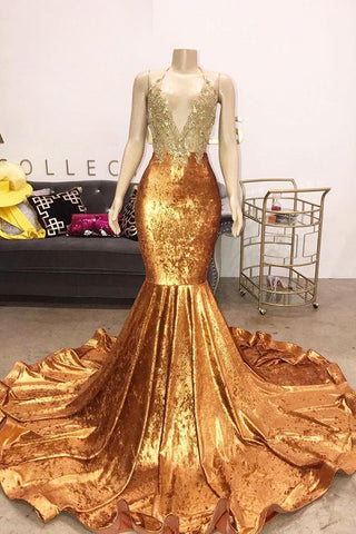 V-Neck Halter Beading Sequins Court Train Mermaid Prom Dresses