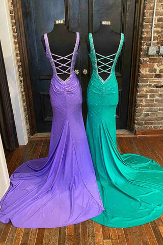 Elle | Meerjungfrau-Ballkleid aus Satin mit V-Ausschnitt und Perlenbesatz und überkreuztem Rücken
