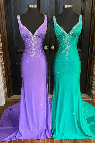 Elle | Meerjungfrau-Ballkleid aus Satin mit V-Ausschnitt und Perlenbesatz und überkreuztem Rücken