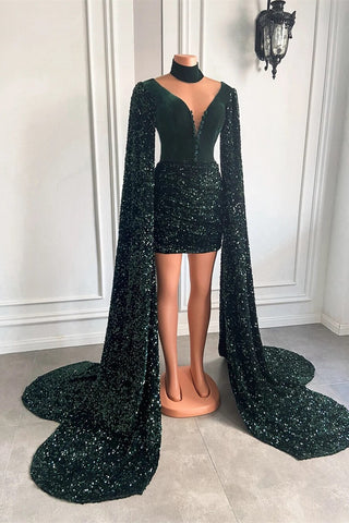 V-Neck Ruffle Long Sleeves Short Prom Dresses in Forest Green