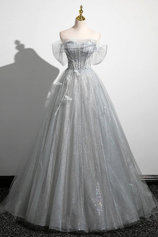 A-Line Off the Shoulder Tulle Prom Dress, Lovely Corset Floor Length Party Dress
