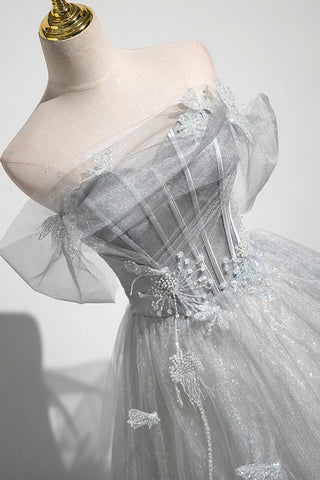 A-Line Off the Shoulder Tulle Prom Dress, Lovely Corset Floor Length Party Dress
