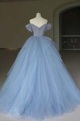 Tulle Floor Length Prom Dress, Off the Shoulder Evening Dress with 3D Flowers