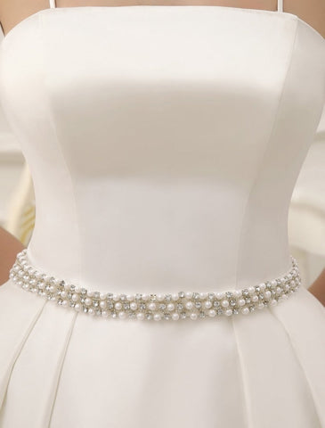 Vintage Spaghetti Straps Backless Satin Short Wedding Dress With Pearls At Waist Exclusive