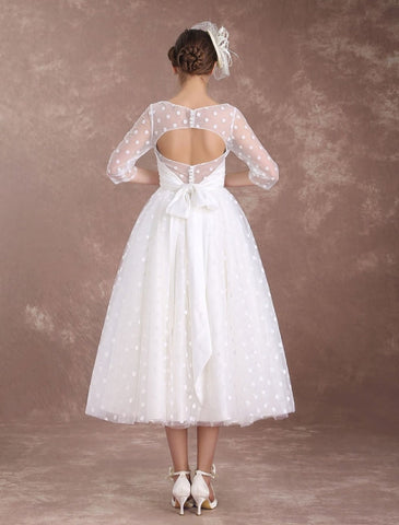 Vintage Wedding Dress Short 1950'S Bridal Dresses Ivory Long Sleeve Open Back Polka Dot Ribbon Sash Wedding Reception Dress Exclusive