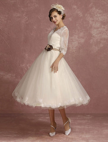Vintage Wedding Dress Short Lace Tulle Bridal Dress Half Sleeve V Neck Backless A Line Flower Sash Tea Length Bridal Gown Exclusive