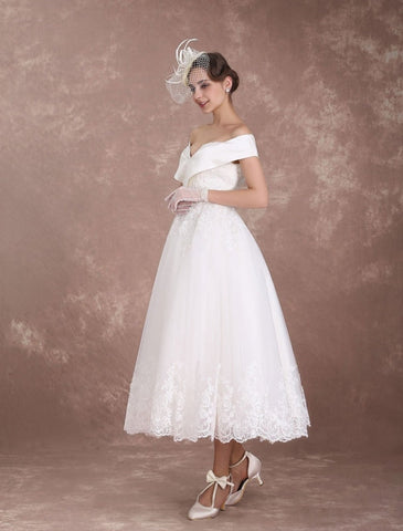 Vintage-Brautkleider, schulterfrei, kurzes Brautkleid, 1950er Jahre, Spitzenapplikationen, Perlenbesatz, wadenlanges Hochzeitsempfangskleid, exklusiv