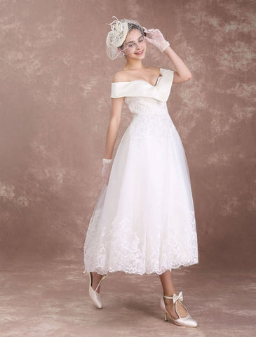 Vintage-Brautkleider, schulterfrei, kurzes Brautkleid, 1950er Jahre, Spitzenapplikationen, Perlenbesatz, wadenlanges Hochzeitsempfangskleid, exklusiv