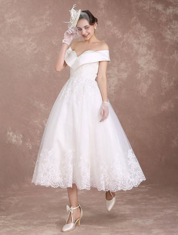 Vintage-Brautkleider, schulterfrei, kurzes Brautkleid, 1950er Jahre, Spitzenapplikationen, Perlenbesatz, wadenlanges Hochzeitsempfangskleid, exklusiv