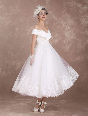 Vintage-Brautkleider, schulterfrei, kurzes Brautkleid, 1950er Jahre, Spitzenapplikationen, Perlenbesatz, wadenlanges Hochzeitsempfangskleid, exklusiv