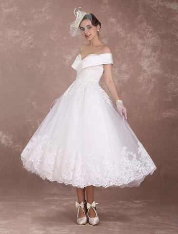 Vintage-Brautkleider, schulterfrei, kurzes Brautkleid, 1950er Jahre, Spitzenapplikationen, Perlenbesatz, wadenlanges Hochzeitsempfangskleid, exklusiv