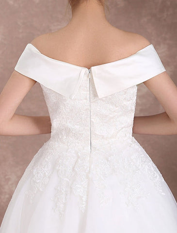 Vintage-Brautkleider, schulterfrei, kurzes Brautkleid, 1950er Jahre, Spitzenapplikationen, Perlenbesatz, wadenlanges Hochzeitsempfangskleid, exklusiv