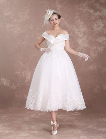 Vintage-Brautkleider, schulterfrei, kurzes Brautkleid, 1950er Jahre, Spitzenapplikationen, Perlenbesatz, wadenlanges Hochzeitsempfangskleid, exklusiv