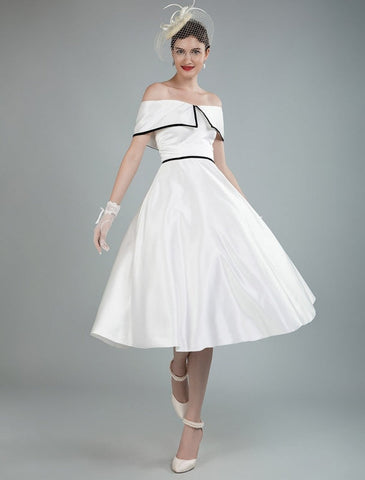 Vintage Wedding Dresses Satin Off The Shoulder A Line Tea Length Short Bridal Gowns Exclusive