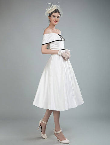 Vintage Wedding Dresses Satin Off The Shoulder A Line Tea Length Short Bridal Gowns Exclusive