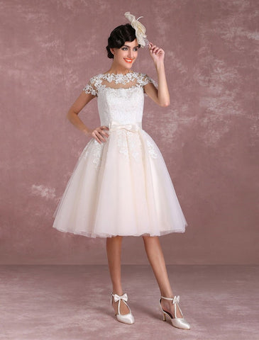 Vintage Brautkleider Kurzes Spitzenapplikation Brautkleid Illusion Schleife Schärpe Brautkleid Exklusiv