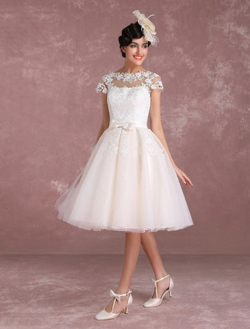 Vintage Brautkleider Kurzes Spitzenapplikation Brautkleid Illusion Schleife Schärpe Brautkleid Exklusiv