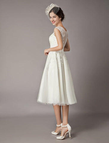 Vintage Wedding Dresses Short Lace Tulle Sequin Tea Length Ivory Bridal Dress
