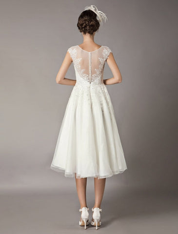 Vintage Wedding Dresses Short Lace Tulle Sequin Tea Length Ivory Bridal Dress