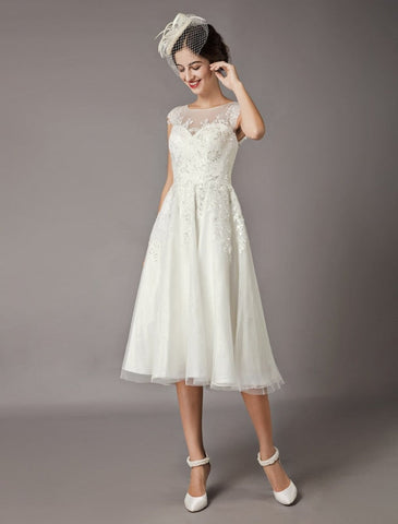Vintage Wedding Dresses Short Lace Tulle Sequin Tea Length Ivory Bridal Dress
