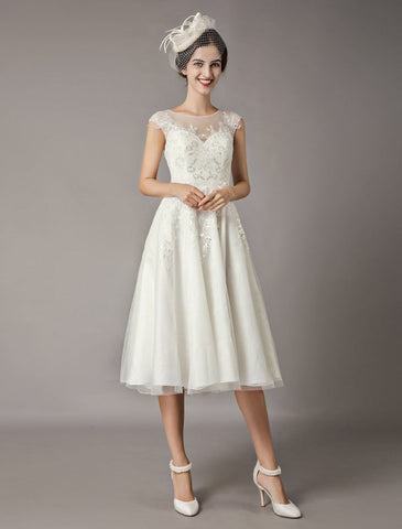 Vintage Wedding Dresses Short Lace Tulle Sequin Tea Length Ivory Bridal Dress