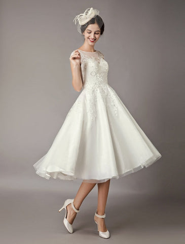 Vintage Wedding Dresses Short Lace Tulle Sequin Tea Length Ivory Bridal Dress