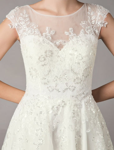 Vintage Wedding Dresses Short Lace Tulle Sequin Tea Length Ivory Bridal Dress