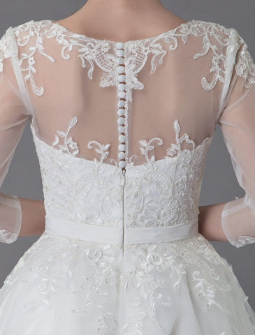 Vintage Wedding Dresses Tulle Bateau 3/4 Length Sleeve A Line Bridal Gown Short Bridal Dress Exclusive