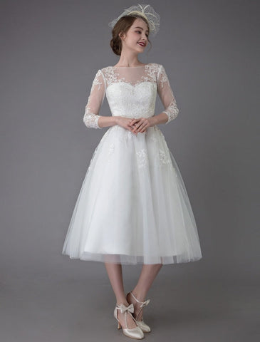 Vintage Wedding Dresses Tulle Bateau 3/4 Length Sleeve A Line Bridal Gown Short Bridal Dress Exclusive