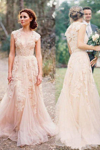 Gorgeous Tulle V-neck Sleeveless Floor-Length Lace Wedding Dresss with Appliques,